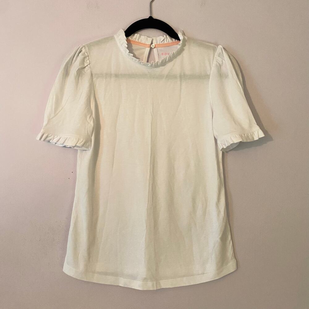 NWOT Boden White Ruffle High Neck Short Sleeve Tee Minimalist Preppy Women's 2